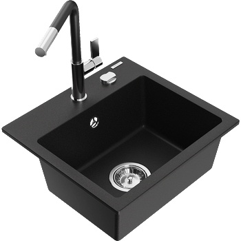 Mexen Milo гранитна мивка с 1 отделение с кухненски смесител Flora, черен - 6505-77-670401-07 (6505-77-670401-07)