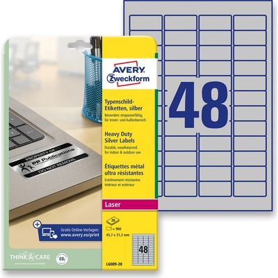 Avery Zweckform L6009-20 stříbrné PET etikety 45,7 x 21,2 mm 960 etiket