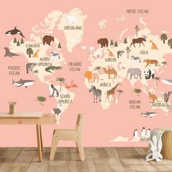 Decono Детски Фототапет Розова Карта на Света с Животни