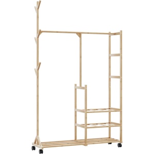 vidaXL Закачалка за дрехи с рафтове и колелца, 100x38x175, 5 см, бамбук (4008919)