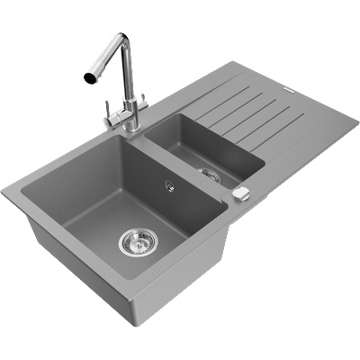 Mexen Matias гранитна мивка с 1, 5 отделения с отцеждач и кухненски смесител Duero, сив - 6502-71-671600-00 (6502-71-671600-00)