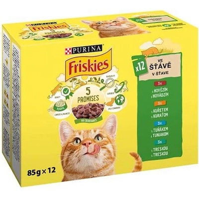 Friskies s hovädzím kuraťom tuniakom treskou krmivo v šťave 12 x 85 g