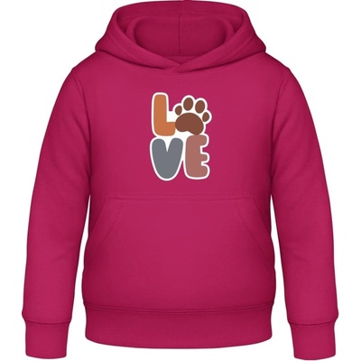 AWDis detská mikina s Kapucňu s Nápisom LOVE s labkou Zvodná ružová