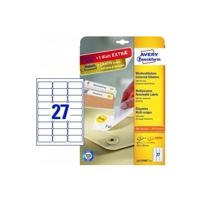 Etikety univerzálne odnímateľné 63,5x29,6mm Avery A4 25+5 hárkov