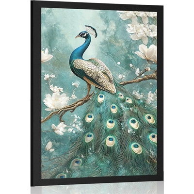 Plakát páv obklopen bílými květy - 30x45 black