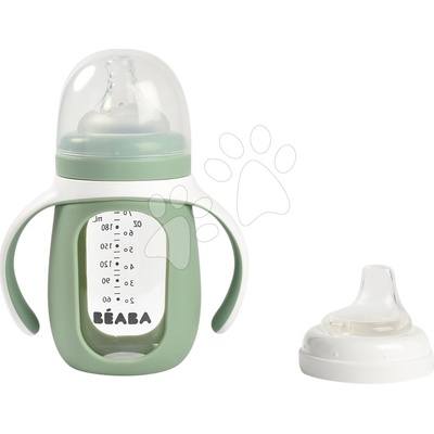 Beaba Fľaša Bidon na učenie pitia 2in1 Training Bottle Sage Green 210 ml so silikónovým obalom zelená