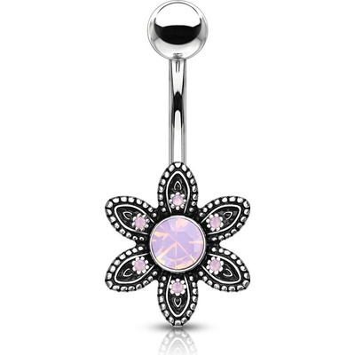 Šperky eshop piercing do pupíku z oceli patinovaný květ se syntetickým opálem a růžovými krystaly PC07.11