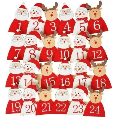 MFP Christmas adventný kalendár - drevené štipce s číslami, motív vianočné figúrky (24ks)