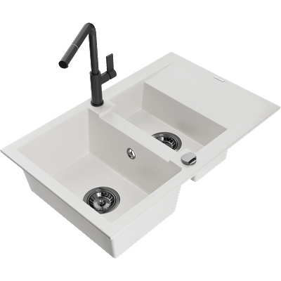 Mexen Gaspar кухненска мивка от гранит 1, 5 камерна с отцедник и кухненски смесител Flora, бяла - 6507-20-670401-70-B (6507-20-670401-70-B)