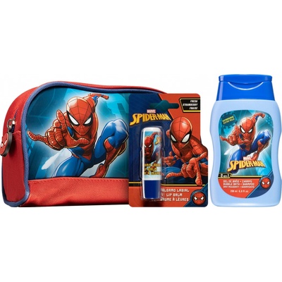 Marvel Spiderman sprchový a kúpeľový gél pre deti 200 ml + balzam na pery + kozmetická taštička darčeková sada