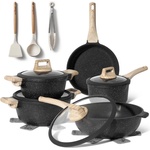 Just Perfecto Комплект тенджери и тигани Just Perfecto JL-889, 14 ч, Отливка, Мраморно покритие, Индукция, Аксесоари, Черен (JL-889 black)
