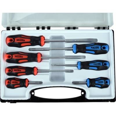 Extol Комплект отвертки, 7бр; плоски: 5, 5x38, 5, 5x100, 6, 5x125mm и 8x150mm, PH1x75, PH2x38 и PH2x125, CV. магнитни, пластмасови смоли