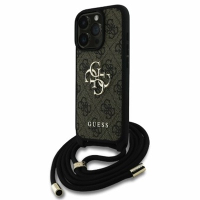 GUESS PU 4G Метално лого с каишка за кръст на гърба за iPhone 16 Pro Max Brown