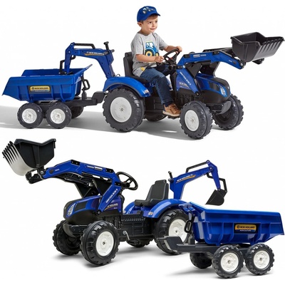 FALK Šlapací traktor New Holland T8 s nakladačem rypadlem a maxi vlečkou – Sleviste.cz