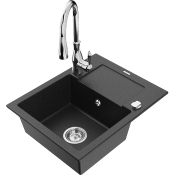 Mexen Enzo гранитна мивка с 1 отделение, отцедник и кухненски смесител Savita, черен/сребрист металик - 6506-73-672601-00 (6506-73-672601-00)