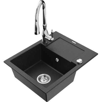 Mexen Enzo гранитна мивка с 1 отделение, отцедник и кухненски смесител Savita, черен/сребрист металик - 6506-73-672601-00 (6506-73-672601-00)