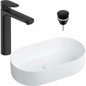 Omnires Комплект за мивка за плот Omnires Mesa бяла 53.5 см, смесител за мивка Hansgrohe Vernis Blend 190 черен и кран за мивка черен Click-Clack (MESA530BM+71582670+E0101020102-3)
