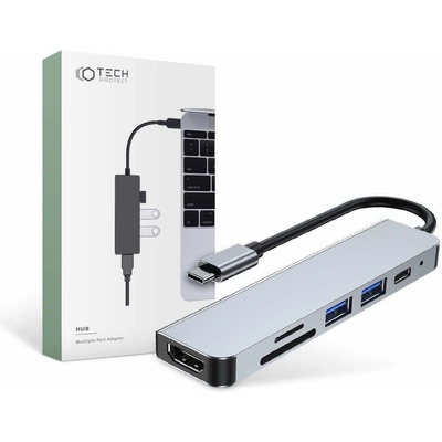 Tech-Protect USB-C Hub 6in1 v4 - USB-C хъб за свързване на допълнителна периферия за компютри и лаптопи с USB-C порт (тъмносив) (THP809GRY)