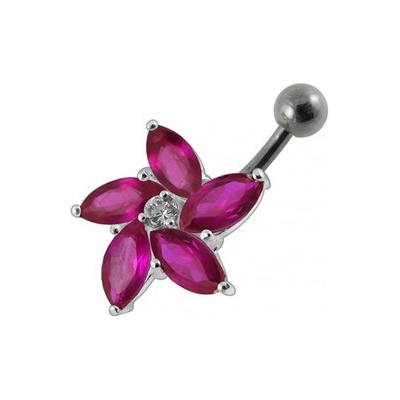 Šperky4U stříbrný piercing do pupíku kytička tmavě růžové zirkony BP01159-F