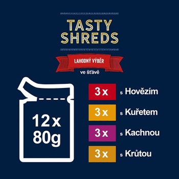 Felix Tasty Shreds hovädzie kura kačka a morka v šťave 12 x 80 g