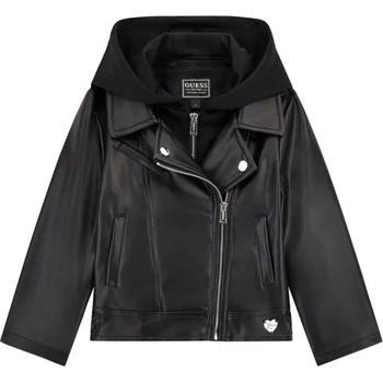 GUESS Кожено яке в черно за мини момиче с асиметричен цип и качулка Guess