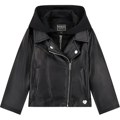 GUESS Кожено яке в черно за мини момиче с асиметричен цип и качулка Guess