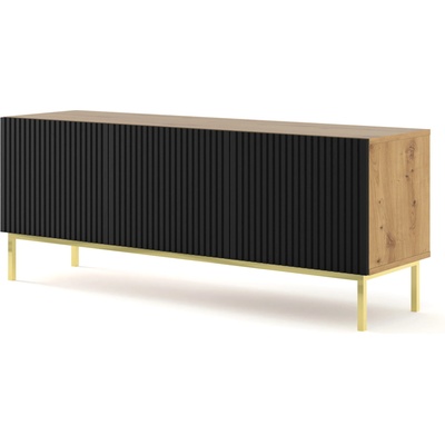 BIM Furniture ТВ шкаф Ravenna B 150 3D фрезован фолиран MDF, дъб артисан/черен мат/злато (RAVENNATVSTOAKBMGF)