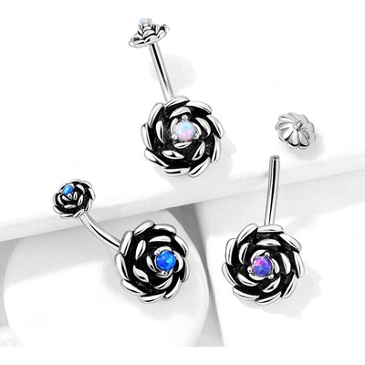 Šperky Eshop Ocelový piercing do pupíku s růží a syntetickým opálem W53.11 Stříbrná bílá