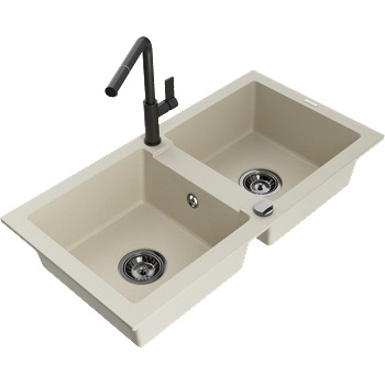 Mexen Mario мивка от гранит с 2 камери и кухненски смесител Flora, бежов - 6504-69-670401-70-B (6504-69-670401-70-B)