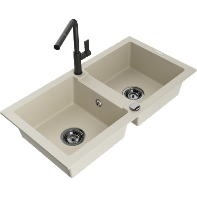 Mexen Mario мивка от гранит с 2 камери и кухненски смесител Flora, бежов - 6504-69-670401-70-B (6504-69-670401-70-B)