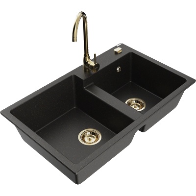 Mexen Tomas гранитна мивка с 2 камери с кухненски смесител Telma, черен/златен металик - 6516-75-670200-50 (6516-75-670200-50)