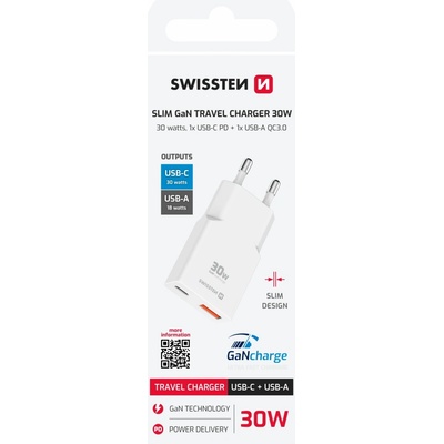 Swissten tenký síťový adaptér GaN USB-C + USB-A 30w bílý | Zboží Auto