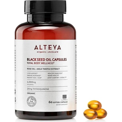 Alteya Organics kapsuly s rascovým olejom ružovým olejom a extraktom ostropestreca 60 kapsúl