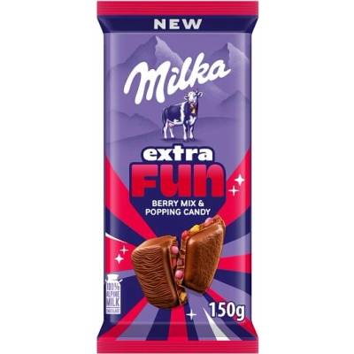 Milka Berry Mix mléčná čokoláda s praskajícími perlami, šťavnatými lesními plody a kousky želé 150 g