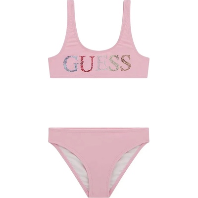 GUESS Бански две части за момиче в бледо розов цвят с цветни кристали Guess