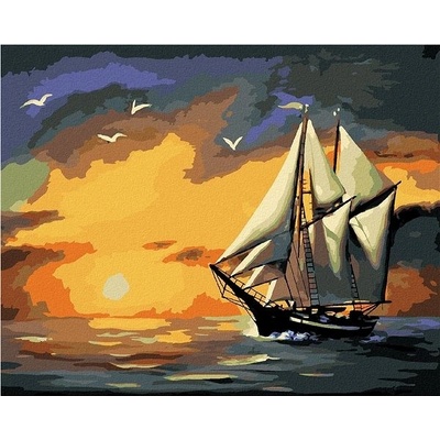 Zuty Malování Podle Čísel Plachetnice Západ Slunce A Racci D. Rusty Rust 80 x 100 Cm Plátno