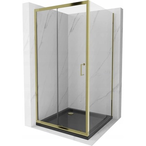 Mexen Apia плъзгаща се душ кабина 100 x 100 см, прозрачна, златна + поддушник Flat, (840-100-100-50-00-4070G)
