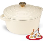 Overmont roasting pan enamel cast iron pot - casserole 28cm oven-safe - with lid and cookbook - for kitchen baking stewing roasting white - Enamelled - Enamelled Cast Iron