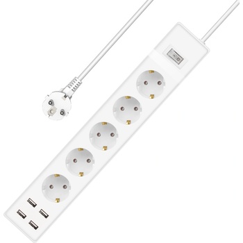 Удължител No brand, 5 гнезда, 250V, 16A, Кабел, 3m, 4 x USB F, С ключ, Бял - 17890 (17890)