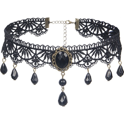 SuperLove Vintage Lace Gemstone Bead Pendant Choker Black
