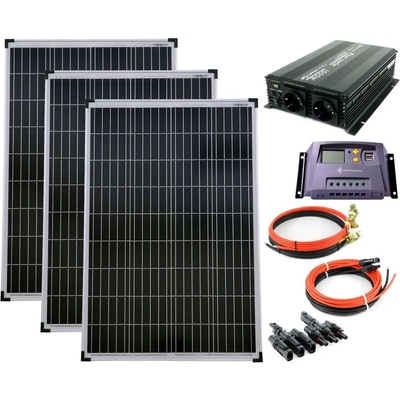 Solartronic Комплект соларна система 3x100W поликристални соларни панели, 20A соларен контролер, Инверотр NM1500 1500W модифицирана синусоида, кабели и букси (SET-300P-20A-KA-ST-1500M)