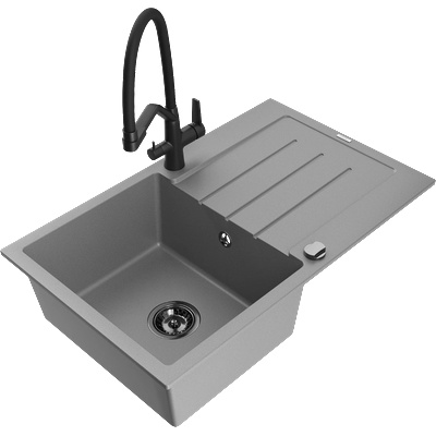 Mexen Bruno еднокоморна гранитна мивка с отцедник и кухненски смесител Duo, сив - 6513-71-671701-70-B (6513-71-671701-70-B)