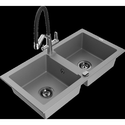 Mario двукамерна кухненска мивка от гранит с кухненски смесител Duo, сива - 6504-71-671701-07-B (6504-71-671701-07-B)