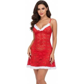 Ефектна дълга дантелена нощница в червено с бяло пухче