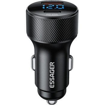 ESSAGER PD 45W зарядно за кола адаптер с дисплей, USB-A, Type-C - черен/сив