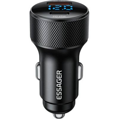 ESSAGER PD 45W зарядно за кола адаптер с дисплей, USB-A, Type-C - черен/сив