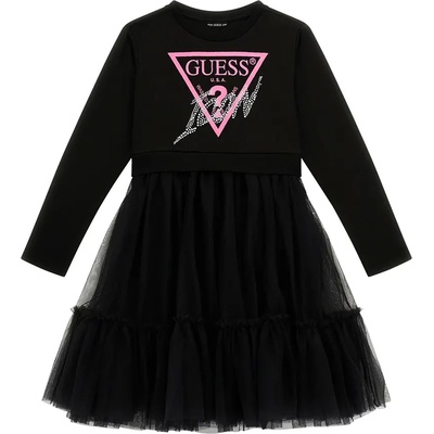 Guess Комбинирана рокля за момиче в черно с тюл и контрастен надпис Guess