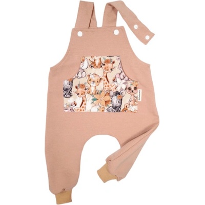 Dětské laclové kalhoty s kapsou ZOO zvířátka na béžové