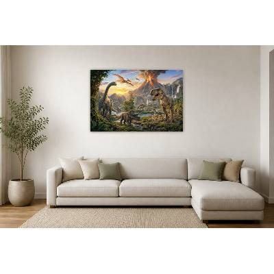 Obraz na plátně – Dinosauři v krajině se sopkou 135 × 90 cm