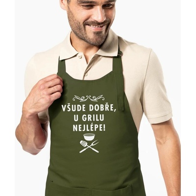 Kariban HobbyTriko Zástěra na grilování Všude dobře u grilu nejlépe! Khaki